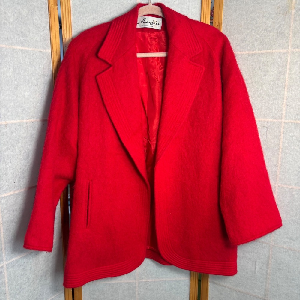 Vintage Mayfair of California Red‎ Wool Fuzzy Mohair Style Coat Jacket Blazer